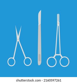 Surgical instruments in form of scissors and scalpel for design of medical portal. Vector isolated image for use in clipart