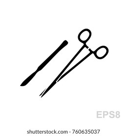 Surgical instruments icons isolated on white. Halstead clamp and scalpel vector illustration