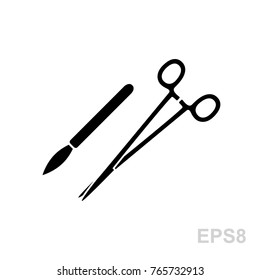 Surgical instruments icons isolated on white. Halstead clamp and scalpel vector illustration