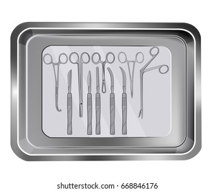 Surgical instruments isolated on white background. Tray with scalpels, clamps and scissors.