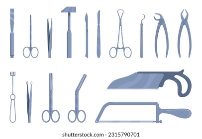 Surgical instruments. Medical equipments for operations, scalpels, clamps, expanders and saws, scissors different shapes and purpose, steel tools, operation medicine flat nowaday vector set