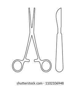 Surgical instruments. Medical scalpel and clamp line icon. Surgery symbol. Vector illustration.