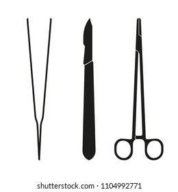 Surgical instruments. Medical scalpel, clamp, forceps or tweezers icon. Surgery symbol. Vector illustration.