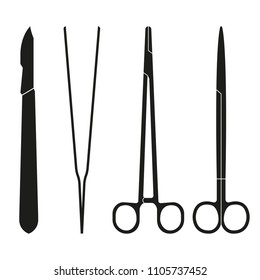 Surgical instruments. Medical scalpel, clamp, forceps or tweezers icon. Surgery symbol. Vector illustration.