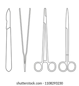 Surgical Instruments. Medical Scalpel, Clamp, Forceps Or Tweezers Line  Icon. Surgery Symbol. Vector Illustration.