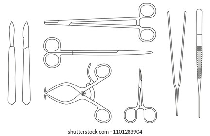 Surgical instruments. Medical and surgery tools: scalpel, calm, forceps or tweezers, scissors. Vector illustration.