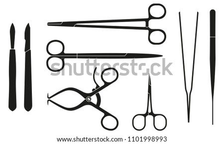 Surgical instruments. Medical and surgery tools: scalpel, calm, forceps or tweezers, scissors. Vector illustration.