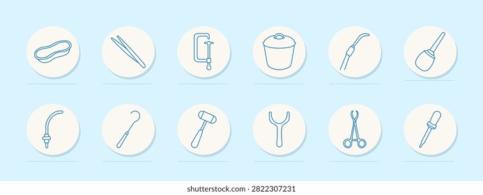 Surgical instruments set icon. Kidney dish, forceps, clamp, sterilizer container, suction tip, curette, cannula, retractor, mallet, tongue depressor, hemostat, dropper, operating room, healthcare