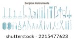 Surgical instruments set. Scissors, tweezers, scalpels , amputation knives, microsurgical forceps and clamps, needle. Sharp and sterile surgery equipment. Flat vector illustration