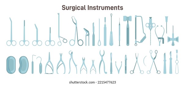 Surgical instruments set. Scissors, tweezers, scalpels , amputation knives, microsurgical forceps and clamps, needle. Sharp and sterile surgery equipment. Flat vector illustration