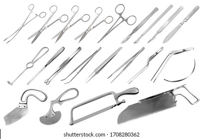 Surgical instruments set. Tweezers, scalpels, Liston's knife, clamp, scissors, Folkman hook, Meyer forceps, needle, Langenbek saw, Satterlee saw, Charriere bone saw, Bergman Engel Plaster saws. Vector