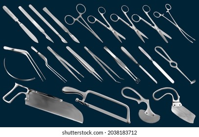 Surgical instruments set. Tweezers, scalpels, Liston's knife, clamp, scissors, Folkman hook, Meyer forceps, needle, Langenbek saw, brain knife, Charriere bone saw, Bergman Engel Plaster saws. Vector