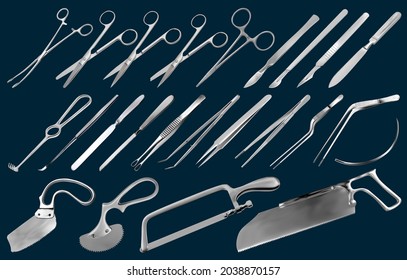 Surgical instruments set. Tweezers, scalpels, Liston's knife, clamp, scissors, Folkman hook, Meyer forceps, needle, Langenbek saw, brain knife, Abraham knife, Bergman Engel Plaster saws. Vector