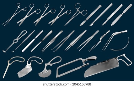 Surgical instruments set. Tweezers, scalpels, saws. Liston's knife, clamp, scissors, Folkman hook, Meyer forceps, needle, Langenbek saw, brain knife, Abraham knife, Bergman Engel Plaster saws. Vector