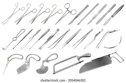 Surgical instruments set. Tweezers, scalpels, plaster and bone saws, brain, amputation and plaster knives, forceps and clamps, hook, needle. Large collection of hand metal tools. Vector illustration