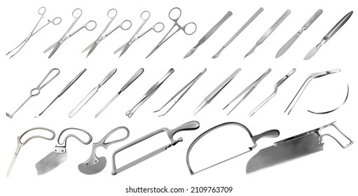 Surgical instruments set. Tweezers, scalpels, plaster and bone saws, brain, amputation and plaster knives, forceps and clamps, hook, needle. Large collection of hand metal tools. Vector illustrations