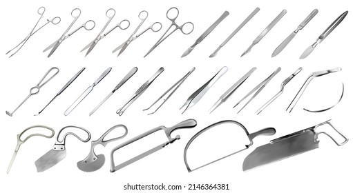 Surgical instruments set. Tweezers, scalpels, plaster and bone saws,  amputation and plaster knives, Microsurgical forceps and clamps, hook, needle. Large collection of hand metal tools. Vector illust