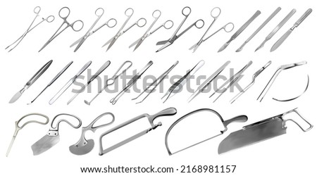 Surgical instruments set. Tweezers, scalpels, plaster and bone saws,  amputation and plaster knives, Microsurgical forceps and clamps, hook, needle. Large collection of hand metal tools. Vector Foto stock © 