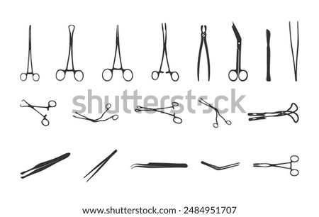 Surgical instruments silhouette, Surgical forceps silhouette, Surgeon instruments silhouettes, Medical forceps silhouette