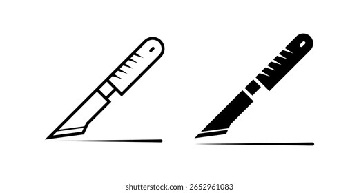 Surgical knife icon set. A simple line art illustration of a craft scalpel. Two style variations of scalpel icon, outline and solid. Cutting a line with sharp blade surgical tool.