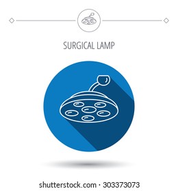 Surgical lamp icon. Surgeon light sign. Blue flat circle button. Linear icon with shadow. Vector