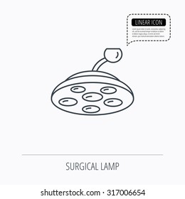 Surgical lamp icon. Surgeon light sign. Linear outline icon. Speech bubble of dotted line. Vector