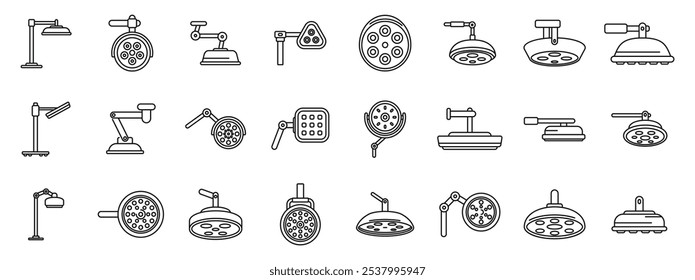 Surgical lamp icons set. Collection of surgical lamps providing focused light during medical procedures
