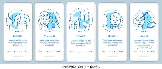 Surgical lift procedure onboarding mobile app page screen with linear concepts. Neck lift. Brow lift. Five walkthrough steps graphic instructions. UX, UI, GUI vector template with illustrations