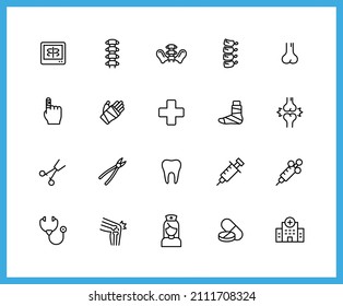 Surgical linear icons. Set of hospital, surgery, Orthopedic, bone, spine symbols drawn with thin contour lines. Vector illustration.