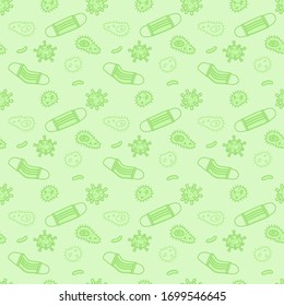 Surgical Mask With Airborne Bacteria And Virus Particles Hand Drawn Design Seamless Pattern, COVID-19, Coronavirus. Vector Illustration Wallpaper And Background.