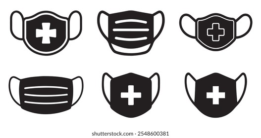 Surgical Mask black filled vector icon set.