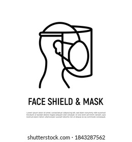 Surgical mask and face shield thin line icon. Protection for doctor. New normal. Vector illustration.