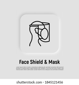 Máscara quirúrgica e ícono de línea delgada de protección facial. Protección para el médico. Nuevo normal. Ilustración vectorial.