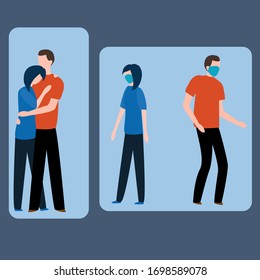 Surgical mask. Infected woman and man illustration. . Pandemic flu. Respiratory diseases, spread of the virus. 
pandemic protection. love concept. Face pollution mask.
