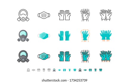 Surgical Mask And Medical Gloves. Covid-19, Coronavirus Disease 2019 Prevention. Line Outline, Flat, Filled Icons Set. Editable Stroke. Vector illustration EPS 10.