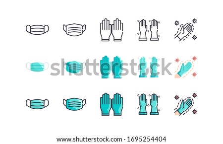 Surgical Mask And Medical Gloves. Covid-19, Coronavirus Disease 2019 Prevention. Line Outline, Flat, Filled Icons Set. Editable Stroke. Vector illustration EPS 10.