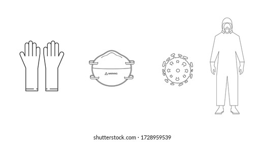 Surgical Mask, N95 Mask, Medical Gloves, Hazmat Suit, Covid-19, Coronavirus Disease 2019 Prevention. Line Outline Icons Set. Editable Stroke. Vector illustration EPS 10.