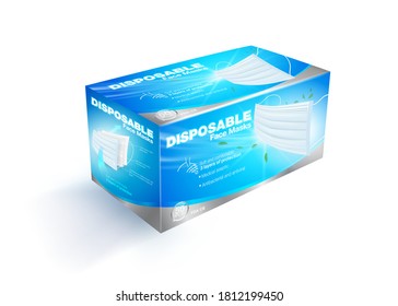 Surgical medical face mask box packaging design. Packaging box contains 50 pieces. Advertising hygiene, prevent germs, dust and virus. Mock up EPS file.