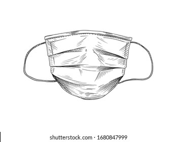 Surgical, Medical Face Mask that protects airborne diseases, viruses. Coronavirus. Defence from air pollution. Vector illustration in sketch style.