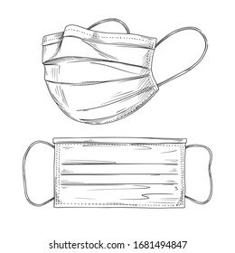 Surgical, Medical Face Mask that protects airborne diseases, viruses. Coronavirus. Defence from air pollution. Vector illustration in sketch style.