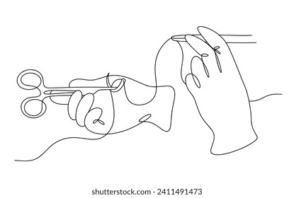 Surgical needle holder with needle and thread in hands. Surgery. Correct feeding of the instrument by the nurse. Images produced without the use of any form of AI software at any stage. 