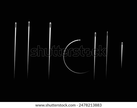 Surgical needles set and attached suture material. Surgical needles set. Cartoon style. Vector illustration isolated on black background.