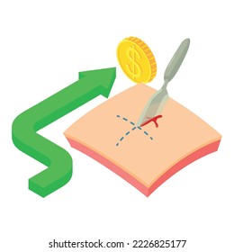 Icono de operación quirúrgica vector isométrico. Piel cortada escalpel, flecha con moneda de oro. Concepto de medicina pagada