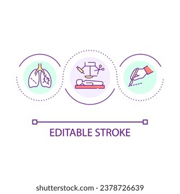 Icono de concepto de bucle de operación quirúrgica. Remoción de pulmón. Enfermedades respiratorias. Ilustración en línea delgada de la idea abstracta del tratamiento de emergencia hospitalaria. Dibujo de contorno aislado. Trazo editable. Tipo de letra arial utilizado