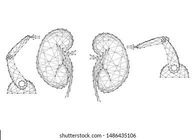 Surgical operation on the human kidneys by robotic arms manipulator innovative concept from abstract futuristic polygonal black lines and dots. Vector illustration.