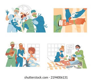 Operación quirúrgica en sala de operaciones. Ilustración vectorial de clínica de terapia intensiva