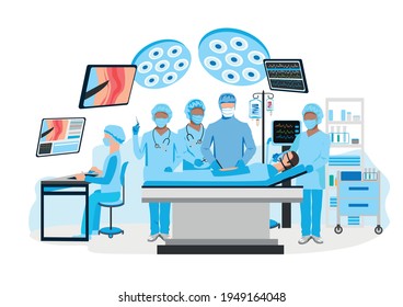 Surgical operation in the operating room. Medical equipment for surgical operations. Thanks to the doctors and nurses. Vector illustration isolated on a white background.