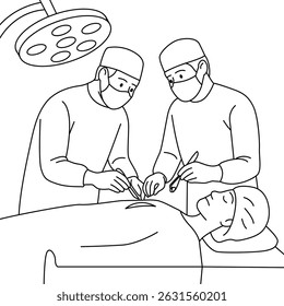 Cirurgia. Dois cirurgiões em um paciente com máscaras e um instrumento de trabalho. Ilustração médica linear