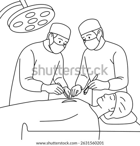Surgical operation. Two surgeons on a patient in masks and with a working instrument. Linear medical illustration