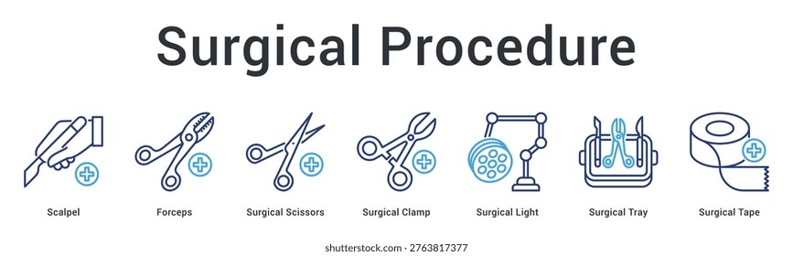 Surgical procedure banner web icon showcases essential operating room instruments for successful surgical interventions.
